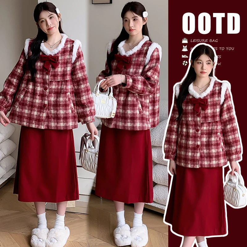 甜美温柔风毛呢加绒外套女秋冬新款格子新款孕妇红色半身裙两件套