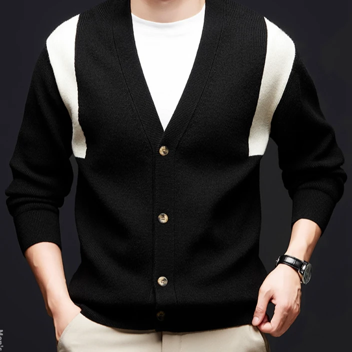 LAOYECHE/老爷车男士双色插肩撞色开衫V领单排扣时尚高级轻奢休闲