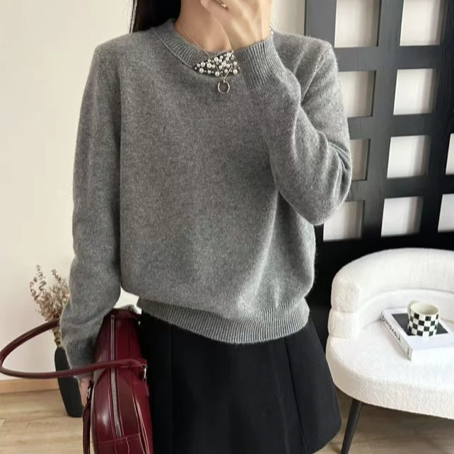 灰色慵懒风女秋冬加厚宽松套头针织衫上衣圆领韩版长袖显瘦