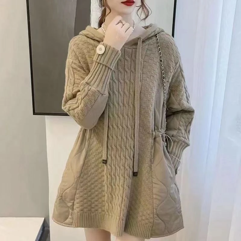 连帽套头韩版针织毛衣拼接抽绳收腰宽松显瘦中长款毛衣时尚百搭21