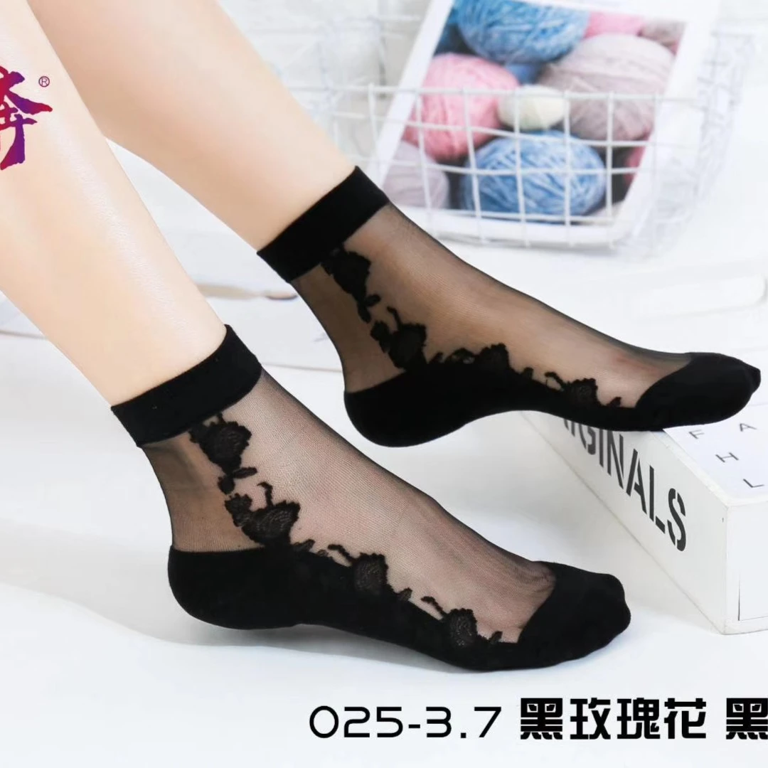 3双装 奔牌冰丝薄款女袜中筒蕾丝袜子秋季短袜水晶丝袜中筒棉袜女