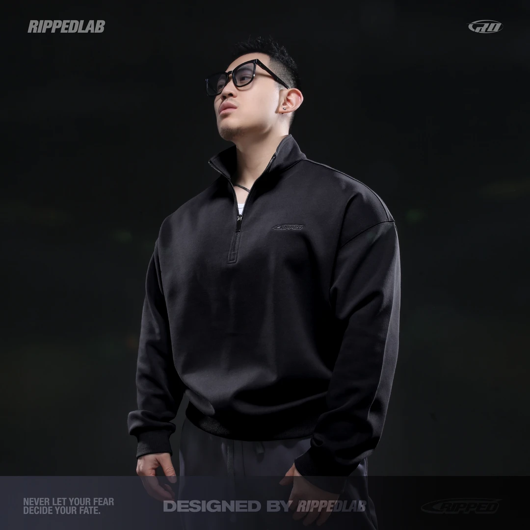 ripped撕裂组织运动健身休闲重磅宽松廓型半拉链短宽美式潮卫衣