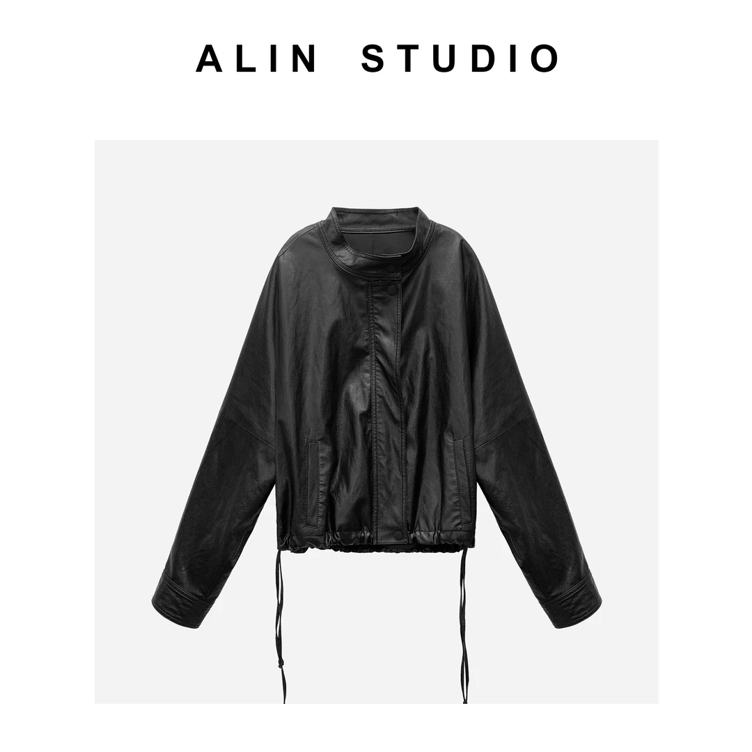 ALIN【抽绳皮衣外套】秋季时尚百搭黑色抽绳皮衣外套   YL-AW6445