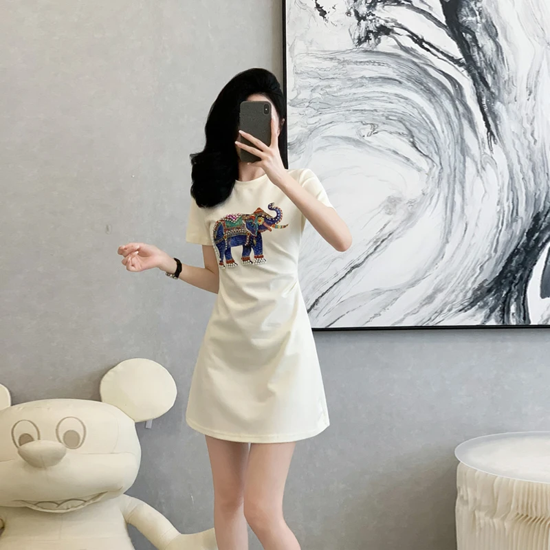 法式韩版杏色印花连衣裙女夏季新款休闲收腰包臀A字裙小象T恤裙子