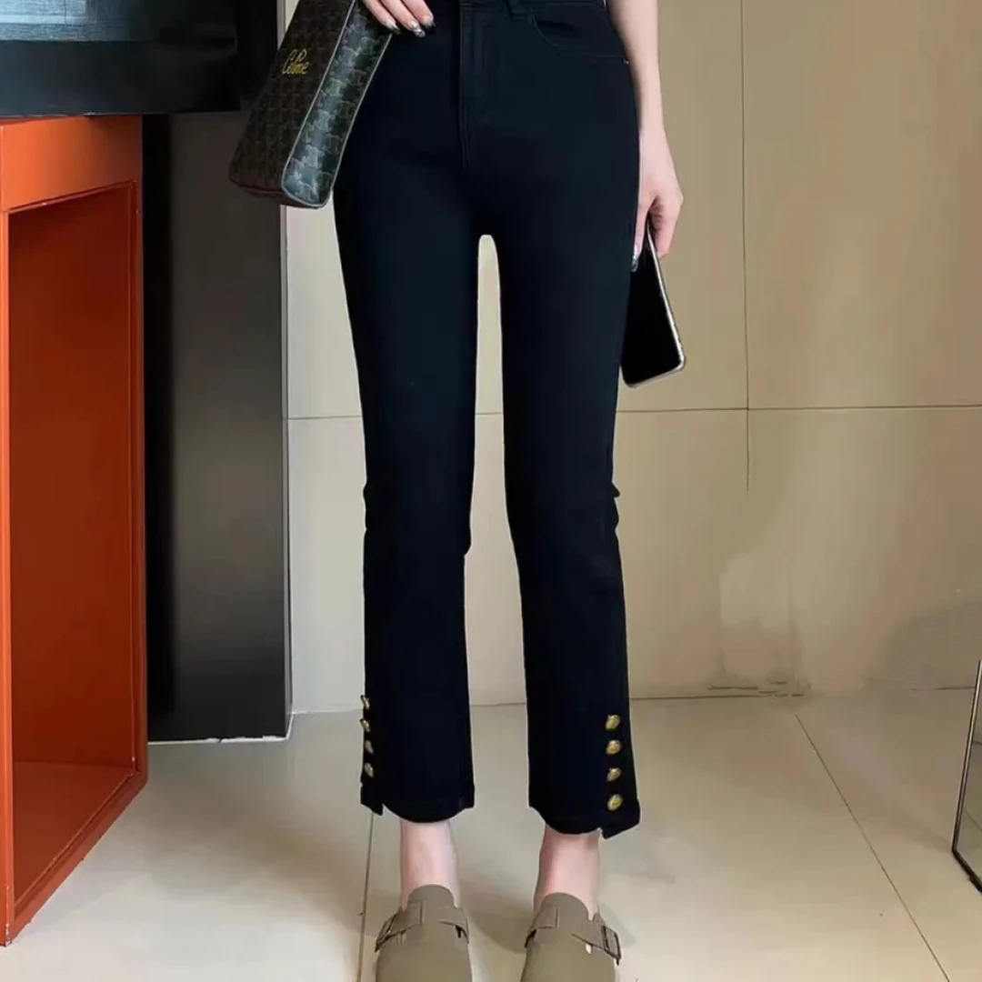 开叉窄版烟管裤弹力春小个子打底裤黑色外穿九分百搭时尚修身休闲