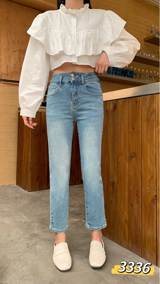 时尚高腰百搭显瘦烫钻九分烟管裤