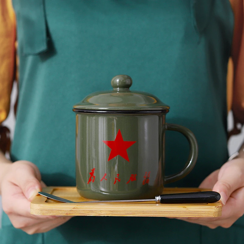 为人民服务杯子仿搪瓷怀旧复古大茶缸带盖勺家用陶瓷马克杯咖啡杯