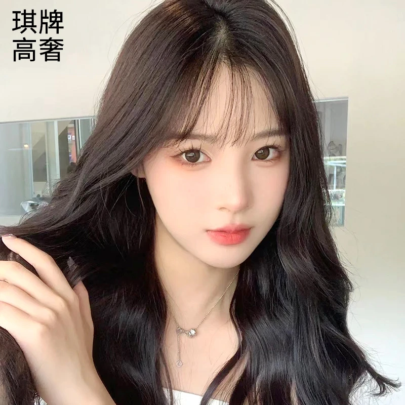 琪牌假发女款全头套真人发丝空气刘海黑气质长卷发黑色轻薄手织