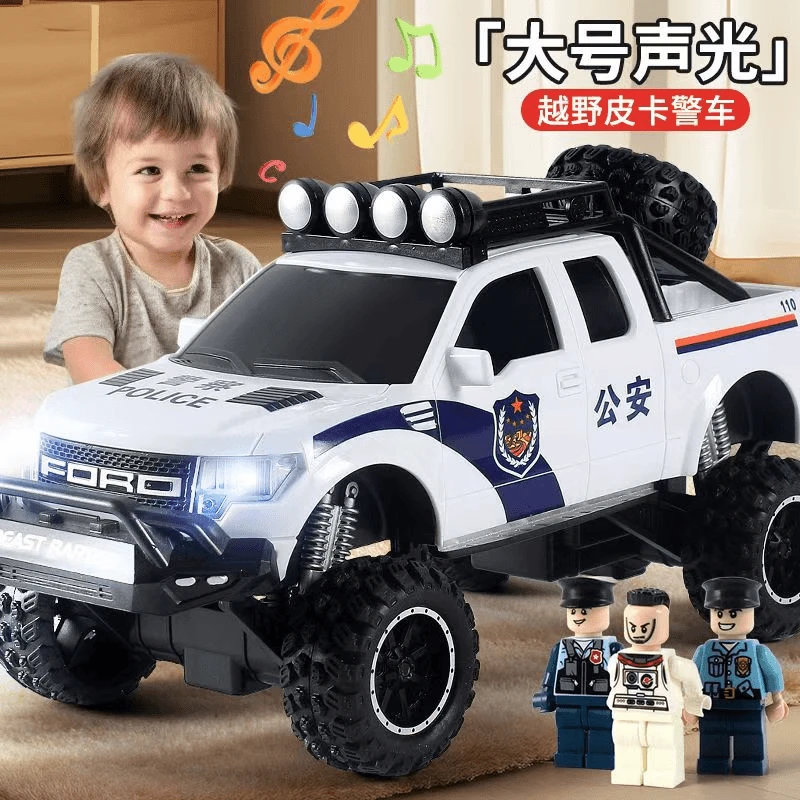 儿童声光皮卡警车讲故事仿真耐摔惯性四驱玩具车男孩早教益智玩具