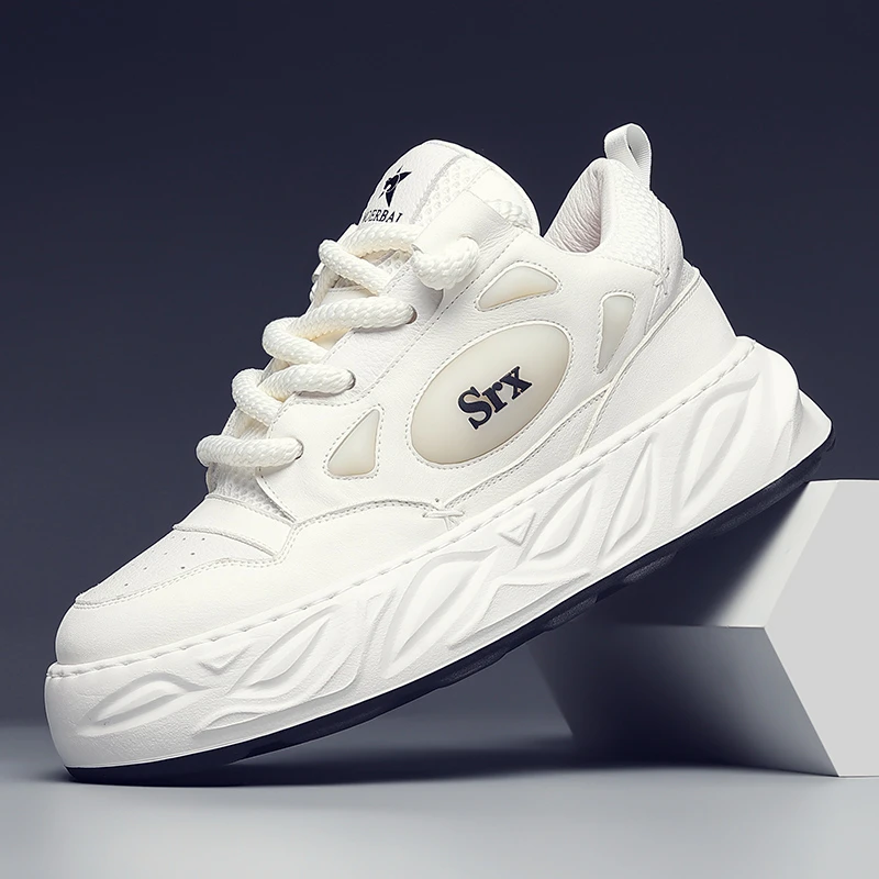 夏季新款透气男鞋面包增高男士鞋头层牛皮时尚小白鞋白色百搭6112