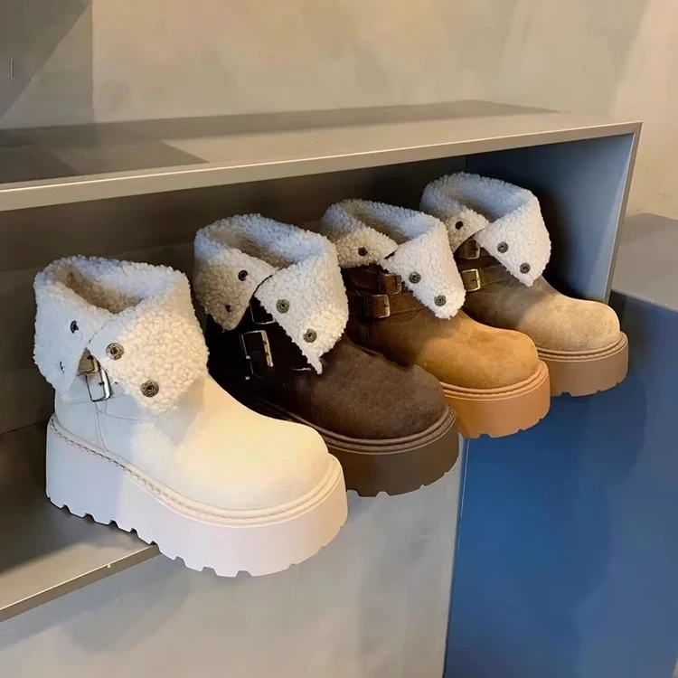 厚底雪地靴女2024年秋冬设计感两穿绒面加绒时尚百搭厚底加厚靴子