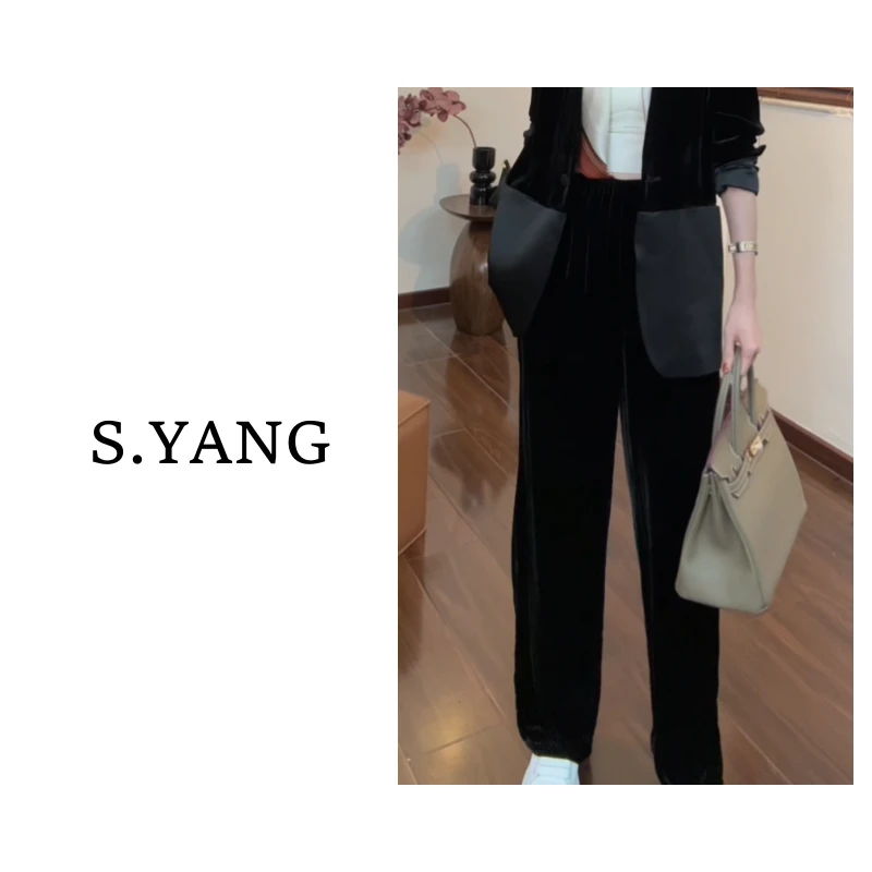 【S.YANG 】时尚气质丝绒显瘦微喇阔腿休闲裤SY240034