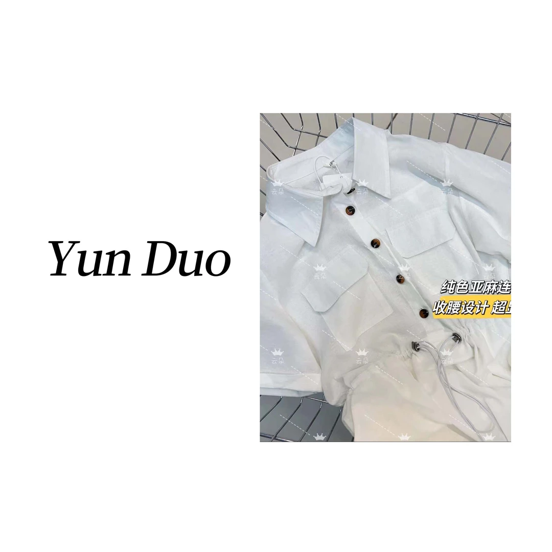 云朵定制 法式气质冷淡风白色亚麻抽绳收腰连衣裙HR68