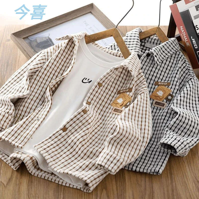 男童格子衬衫长袖秋装时髦外套2024春秋新款儿童衬衣洋气休闲上TZ