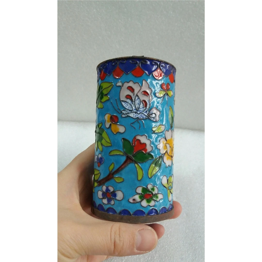 八九十年代老北京景泰蓝铜胎掐丝珐琅二蓝色笔筒库存旧藏文玩艺术