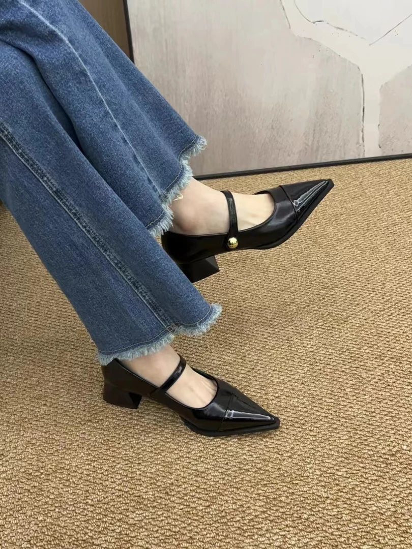 女鞋单鞋黑色法式粗跟高跟方头凉鞋百搭夏季复古小众平底仙女风