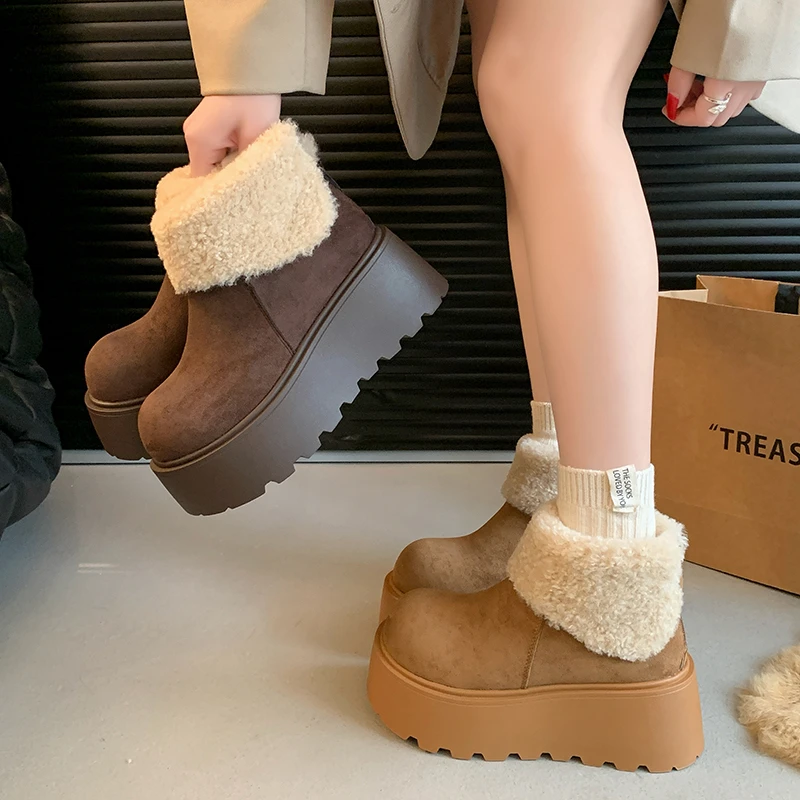 百搭防水厚底加绒加厚高跟保暖短筒时尚坡跟毛毛鞋