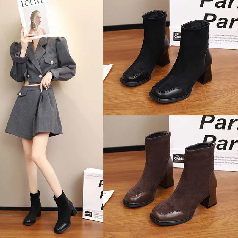 马丁靴粗跟短靴单靴秋冬女靴瘦瘦靴女鞋时尚百搭真皮英伦风中筒