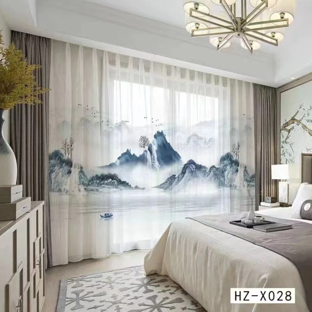 今墨新中式风景水墨山水画中国风窗帘窗纱禅意书房客厅卧室窗纱帘