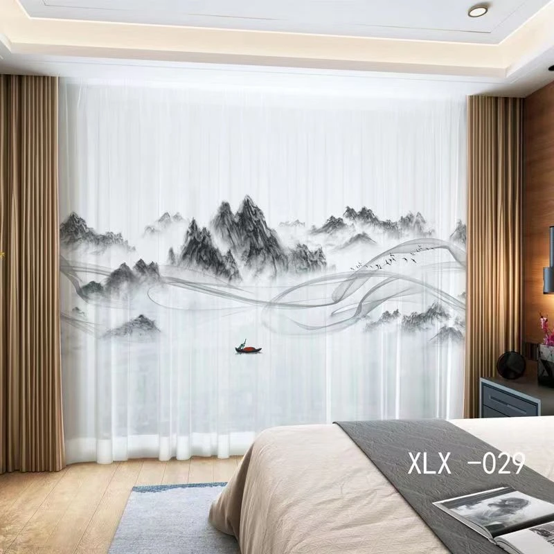 新中式风景花鸟水墨山水画客厅卧室阳台数码5D窗纱透光不透人纱帘