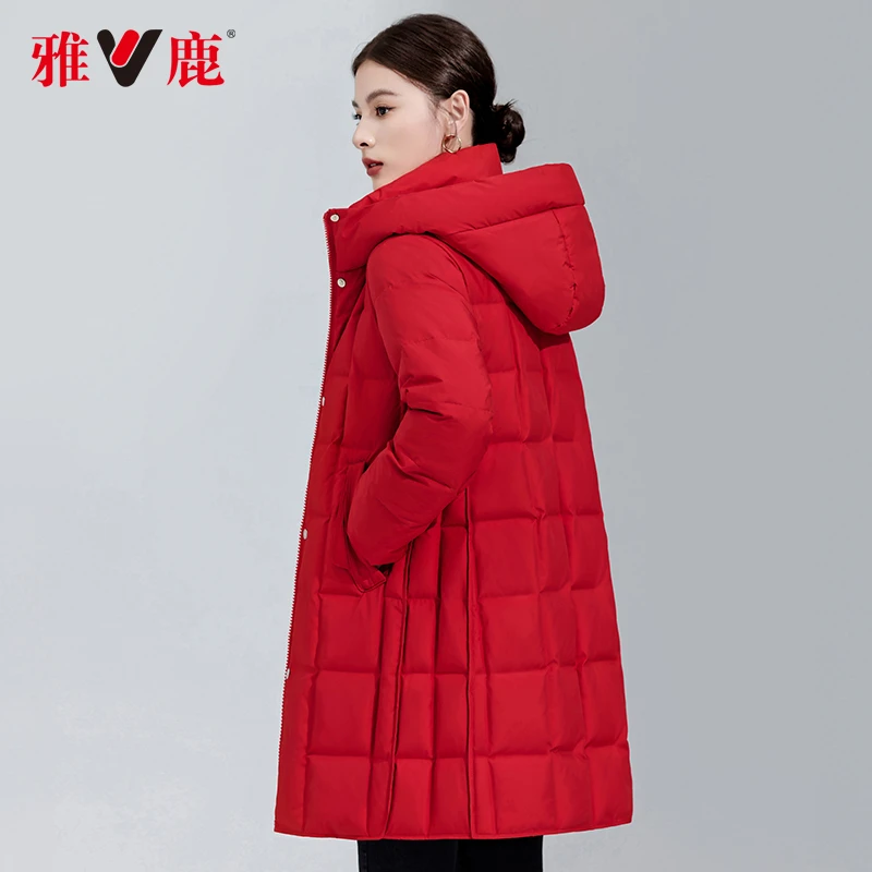 V/雅鹿中长款加厚极寒保暖休闲羽绒服2025冬装新品连帽大码外套潮