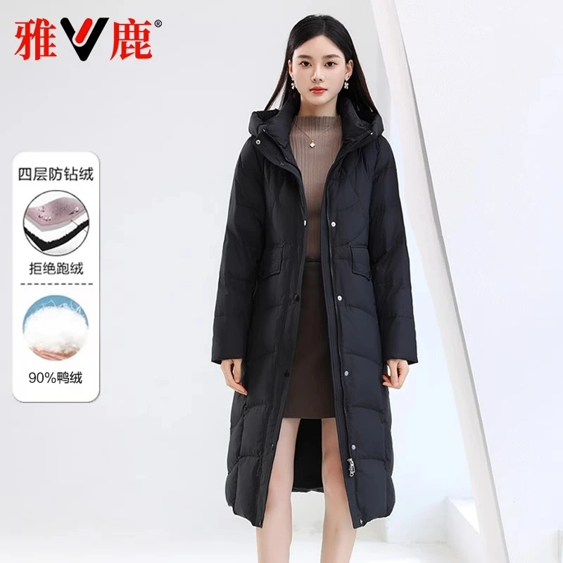 V/雅鹿正品连帽新款长款羽绒服女士2025过膝时尚保暖加厚冬季