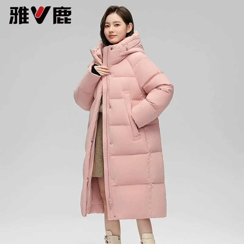 V/雅鹿官方正品长款羽绒服女士2025新款连帽立领舒适保暖外套冬装