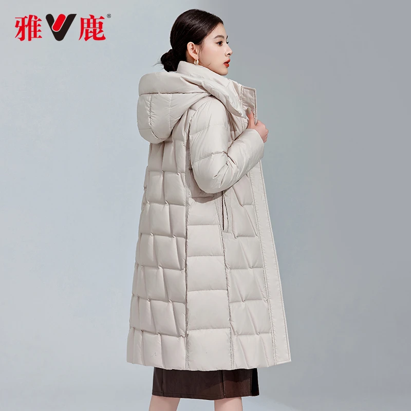 V/雅鹿女款过膝长款羽绒服2025冬装新品连帽加厚韩版修身保暖外套