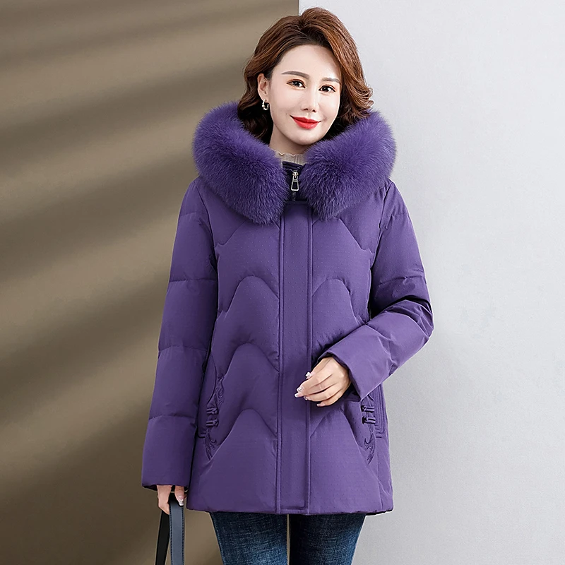 V/雅鹿官方中长款羽绒服2025新款冬季女士狐狸毛带帽大毛领时尚
