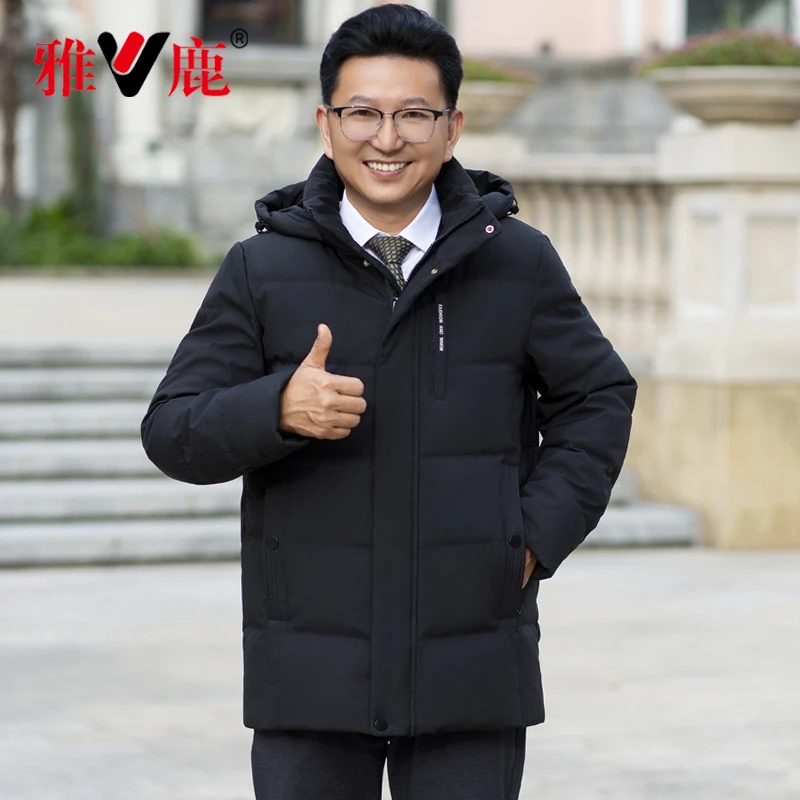 V/雅鹿中长款中老年爸爸加厚羽绒服男士2025冬装加绒保暖爷爷外套