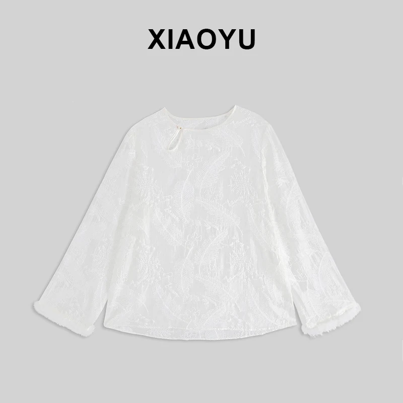 仙仙的美美的新中式羽毛上衣白色衬衫轻薄透气X844