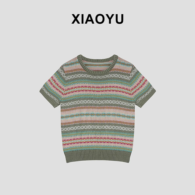 薄荷曼波条纹花纹夏季短袖针织衫费尔岛圆领套头上衣T011