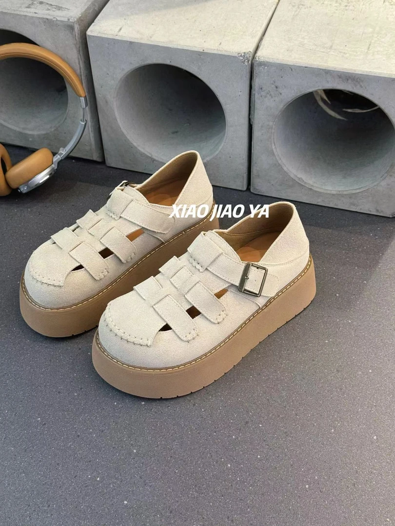 现现XIAOJIAOYA【镂空勃肯】夏季罗马风复古休闲两穿厚底鞋（跟4.5）