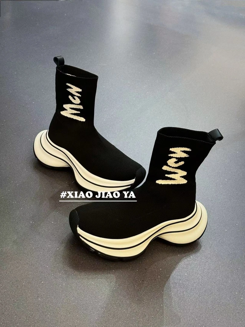 现现XIAOJIAOYA【袜子鞋】时尚小众潮流厚底字母弹力靴（跟5.5筒16）
