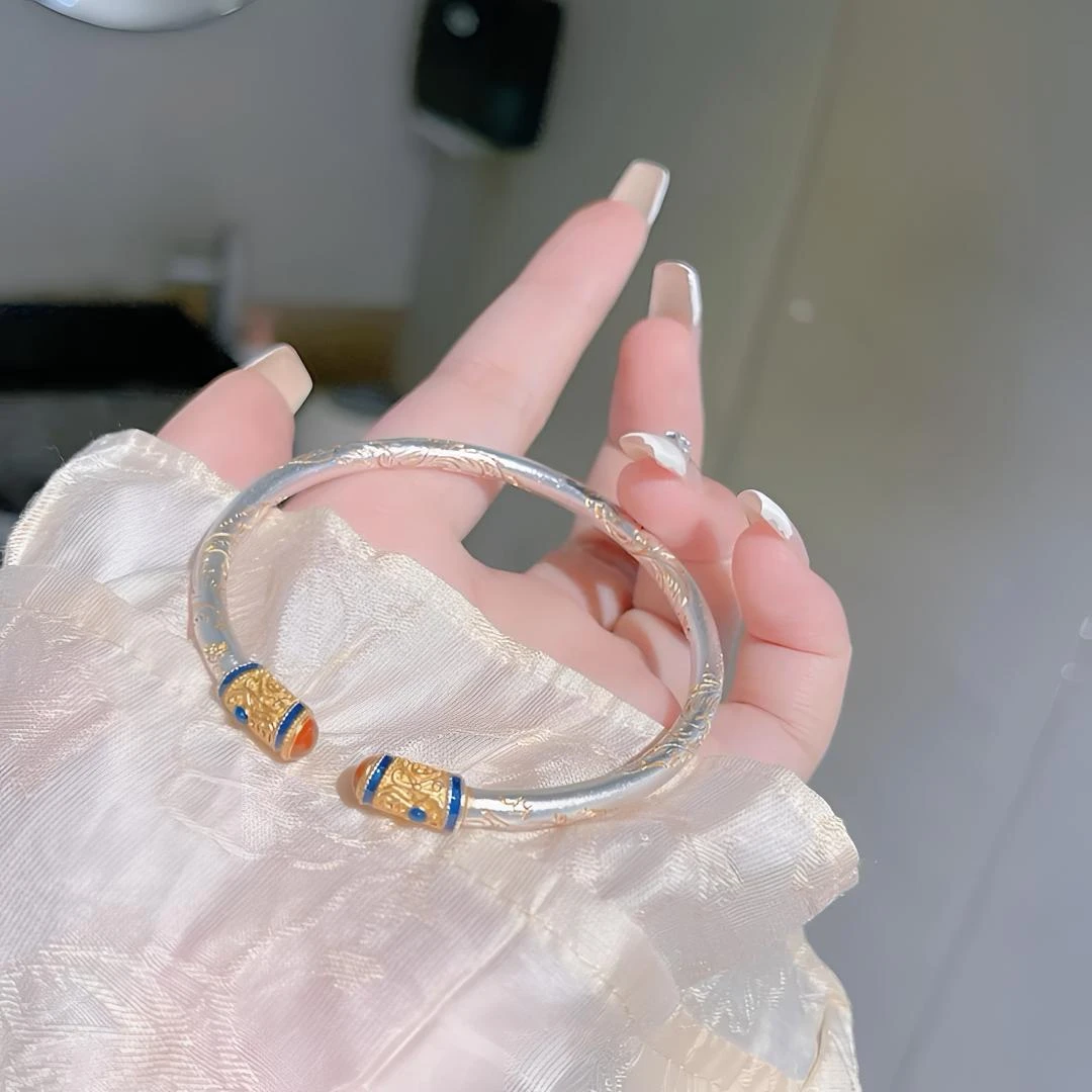 足银手镯 描金唐草纹足银999.9实心鸿运如意开口镯中式送女友闺蜜