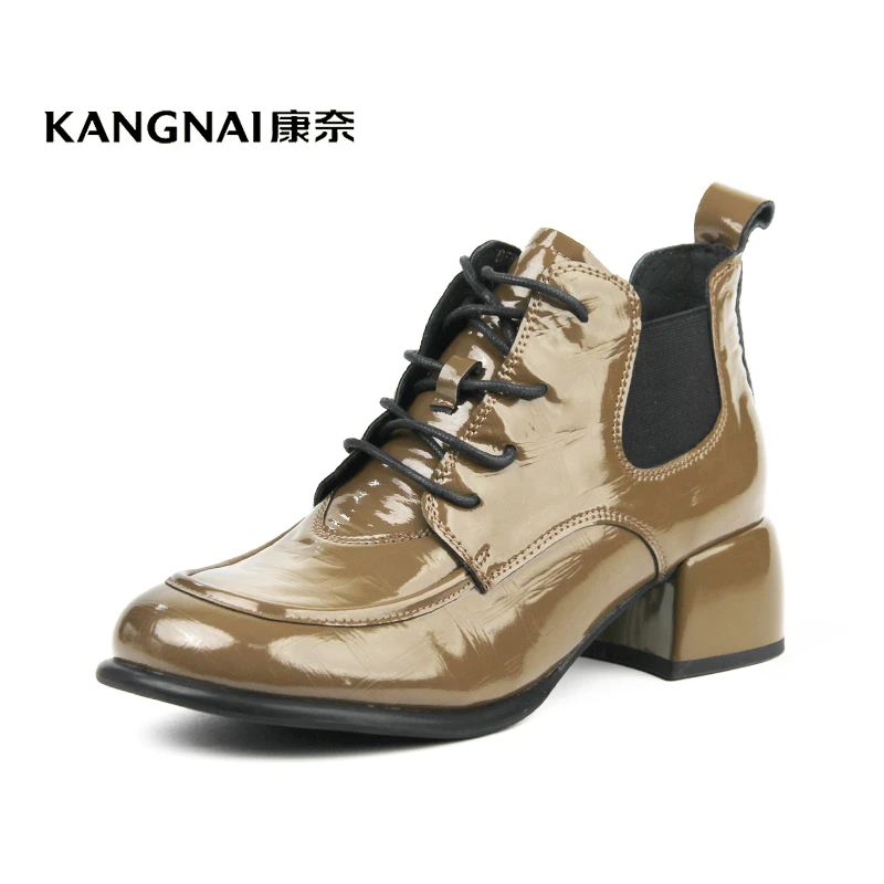 Kangnai/康奈36068专柜正品漆皮英伦风粗跟系带百搭高帮女士短靴