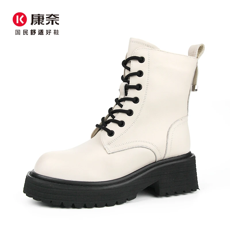 Kangnai/康奈28064专柜正品冬牛皮厚底女鞋侧拉链保暖长绒马丁靴