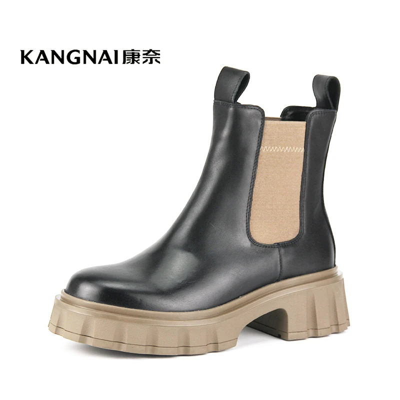 Kangnai/康奈28369专柜正品冬季切尔西真皮圆头厚底烟筒靴女短靴