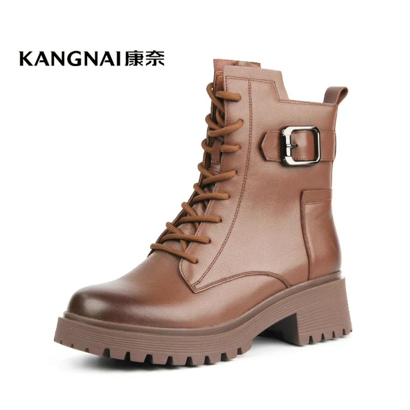 Kangnai/康奈38447专柜正品冬舒适真皮百搭马丁靴女保暖加绒短靴