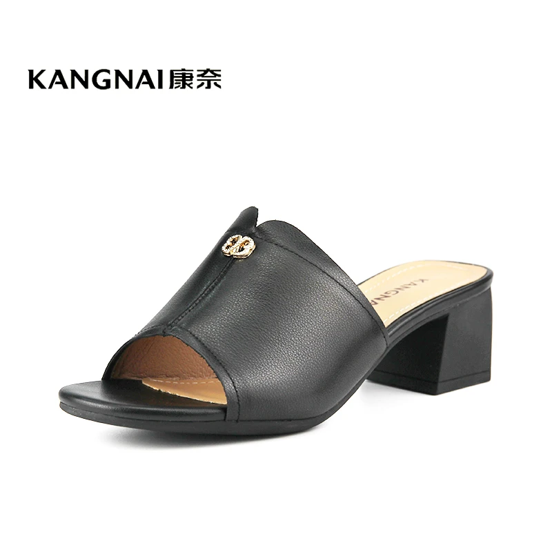 Kangnai/康奈34078专柜正品夏季牛皮粗外穿中跟真皮时尚女凉拖鞋