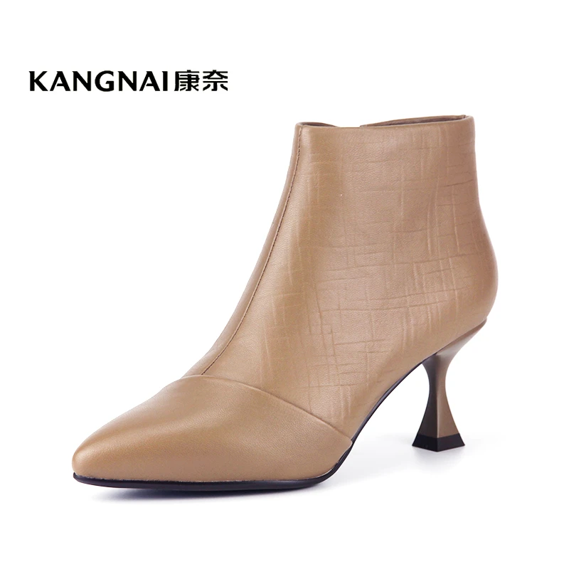 Kangnai/康奈28305专柜正品冬羊皮细高跟舒适尖头加绒真皮女短靴
