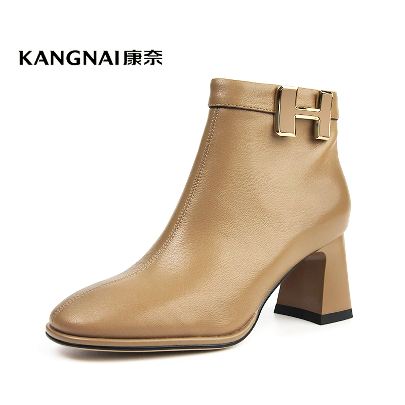 Kangnai/康奈38020专柜正品冬粗跟方头羊皮短靴时尚舒适拉链女靴
