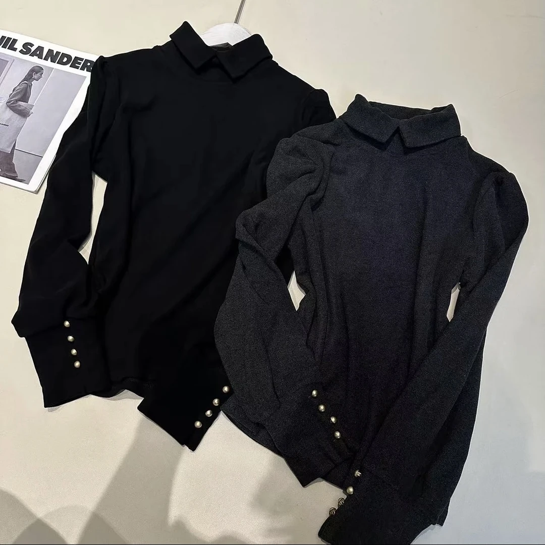 2024冬季新款POLO领打底衫长袖女显瘦知性气质套头上衣