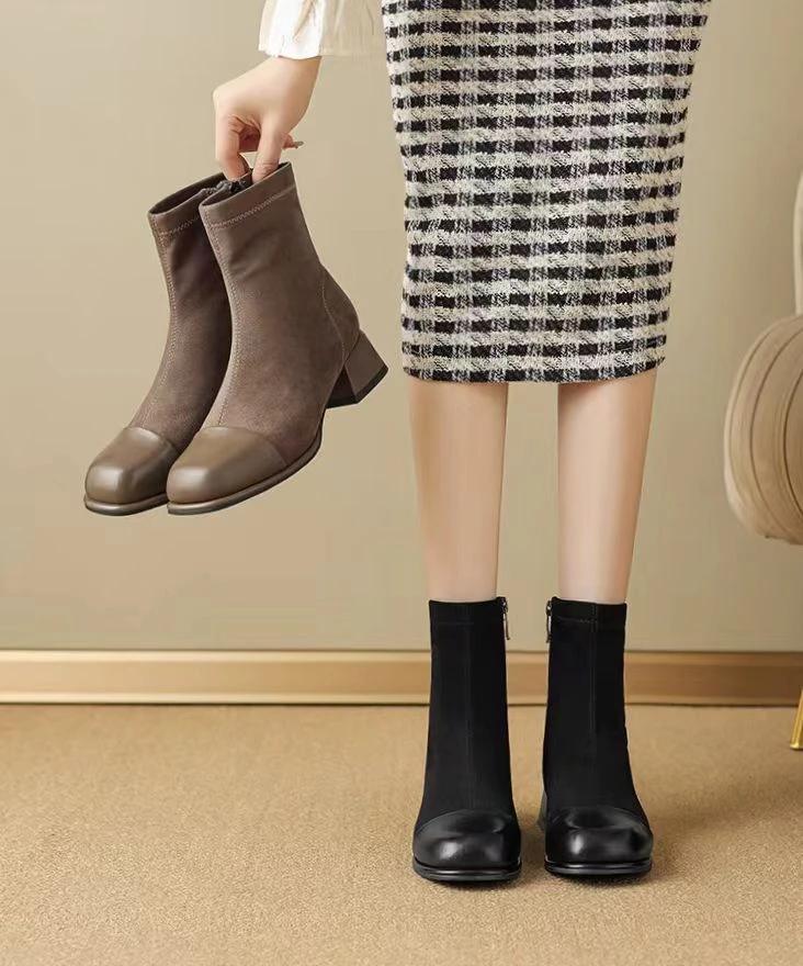 棕色短靴女厚底2024秋季新款靴子女瘦瘦靴粗跟复古切尔西靴36052