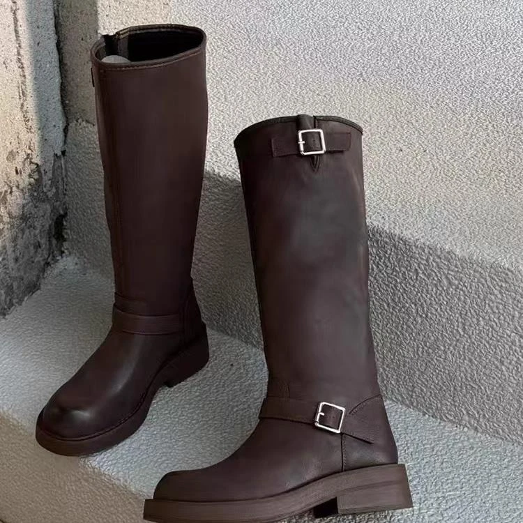 复古高筒靴女2024年冬季新款女士时尚英伦风时髦骑士靴A72-2