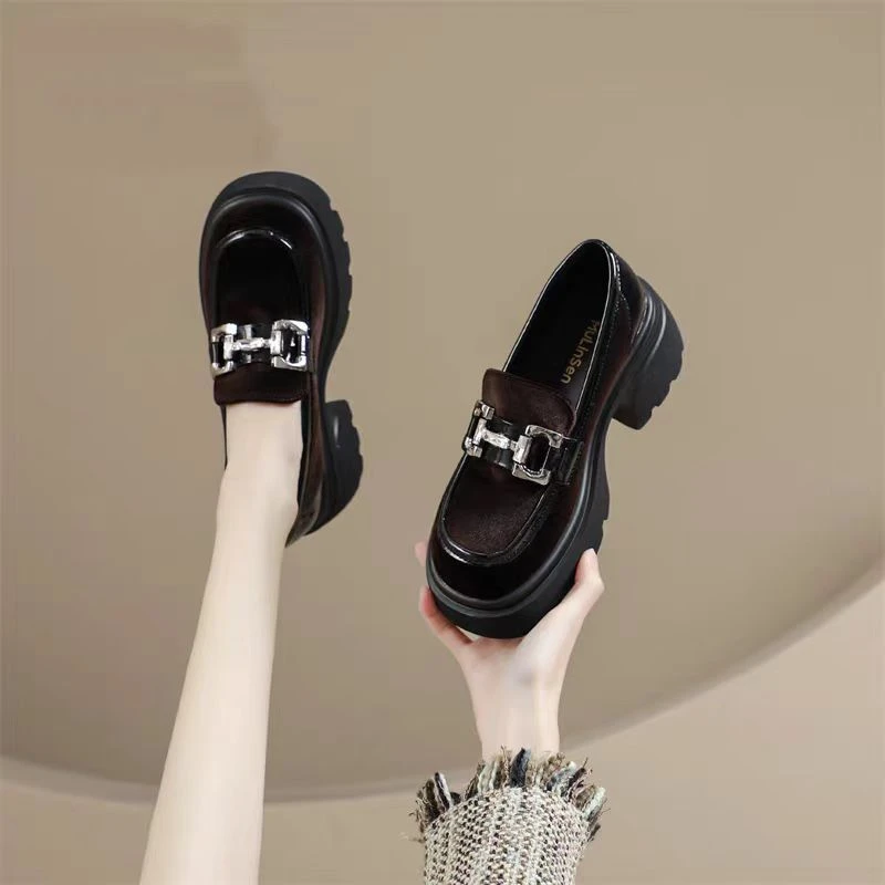 厚底乐福鞋女鞋粗跟增高法式复古单鞋绒面水钻配裙子小皮鞋2561R