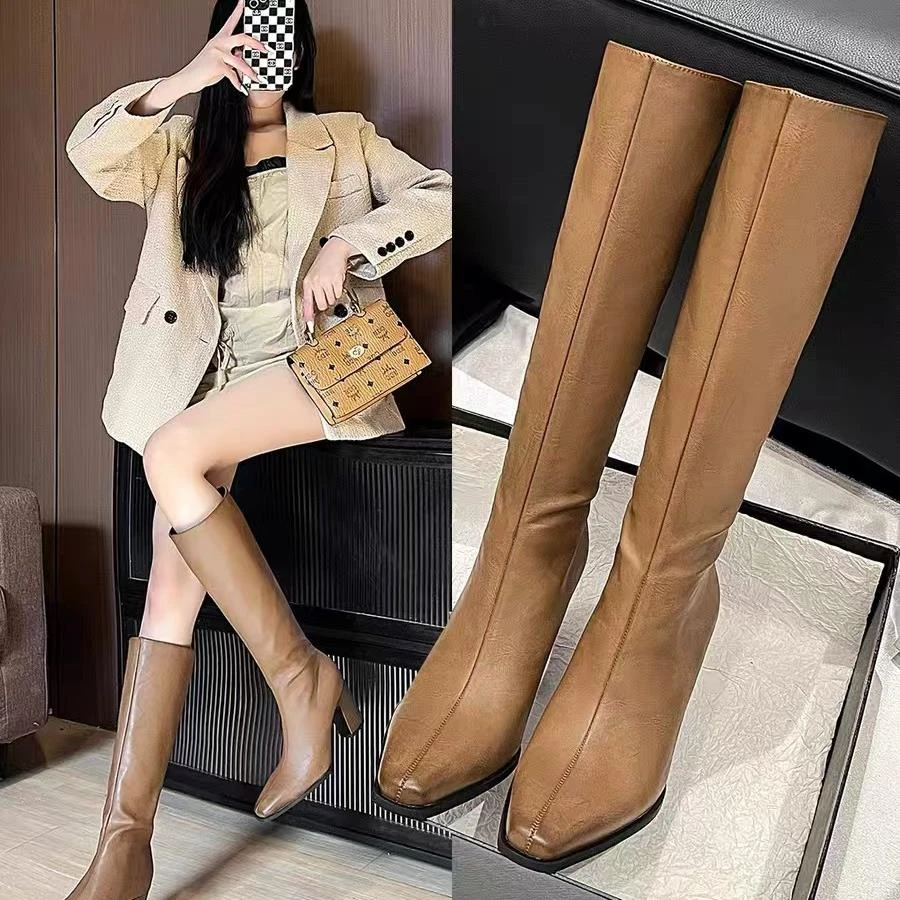 长靴尖头不过膝粗跟加绒长筒靴显瘦气质女靴2024冬季新款60967