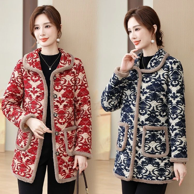 冬季女装中老年时尚加绒加厚中长款保暖棉衣中年妈妈装棉袄棉服