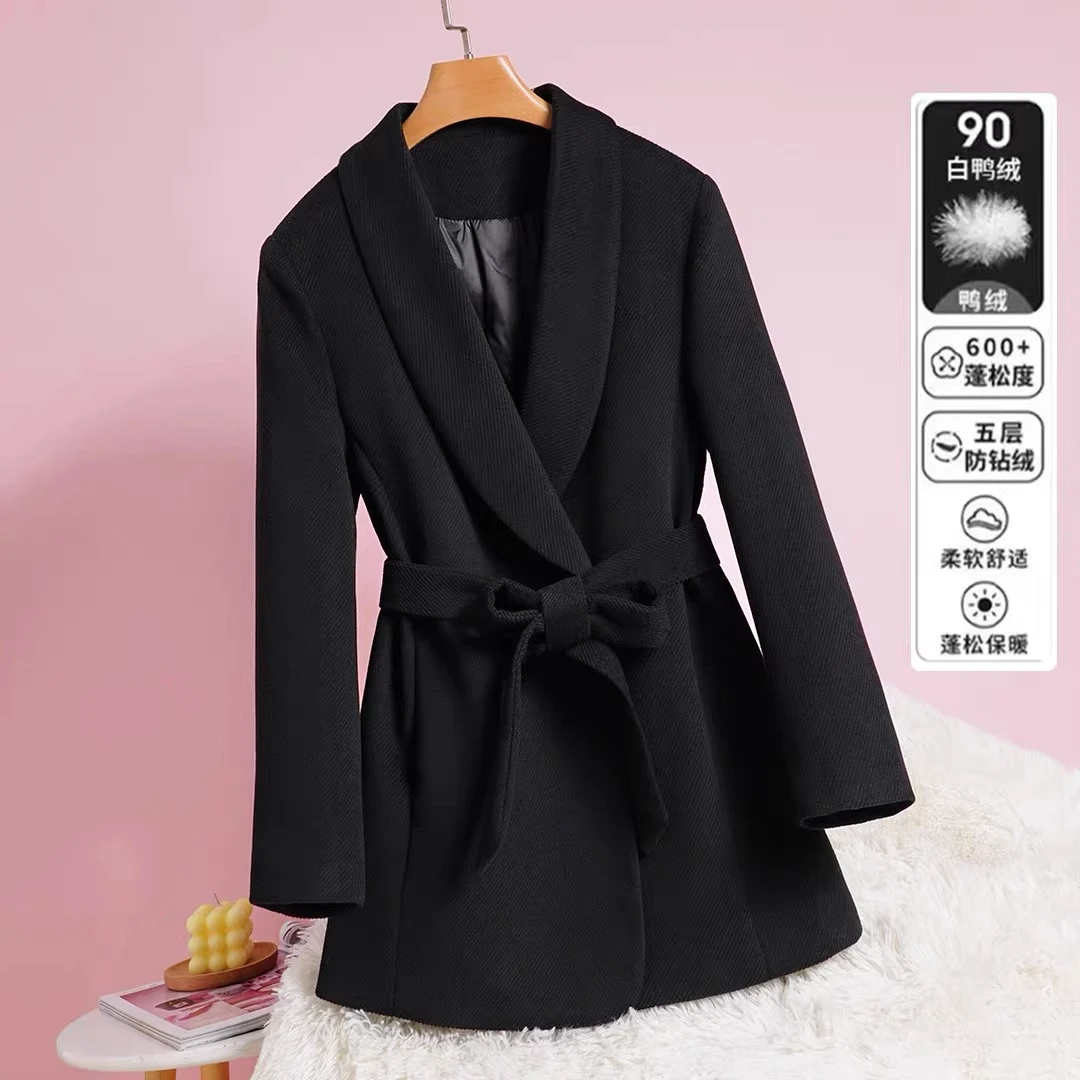羽绒毛呢西装外套女冬季2024新款洋气白鸭90绒呢子大衣腰带气质潮