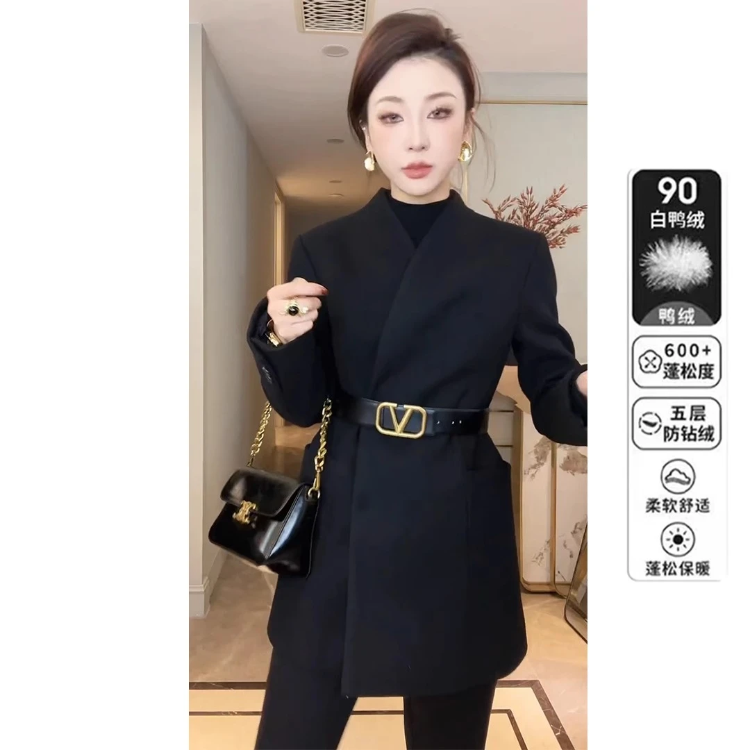 【送腰带】白鸭90绒毛呢西装外套女冬季加厚新款高级感收腰西服显瘦